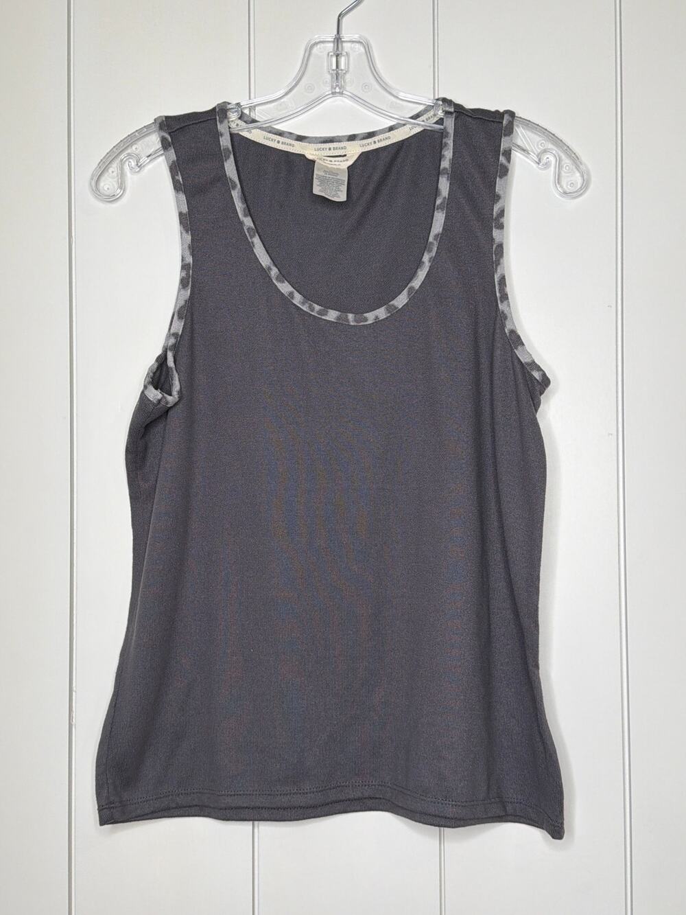 Lucky Brand Charcoal Sleeveless Tank Top with Leopard Trim – Size Large